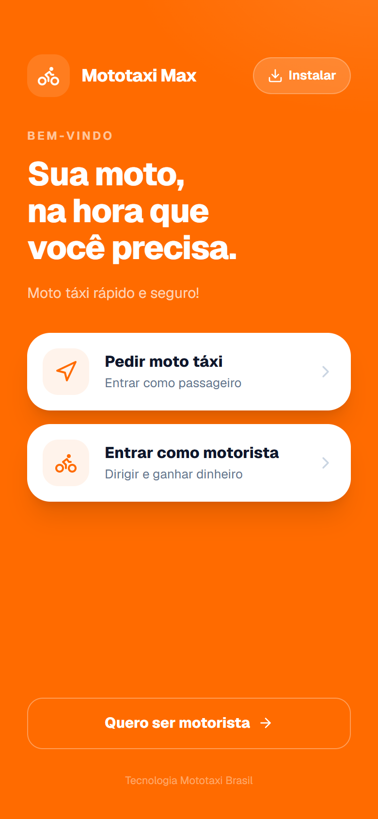 App de mototáxi com a marca do operador — tela de boas-vindas