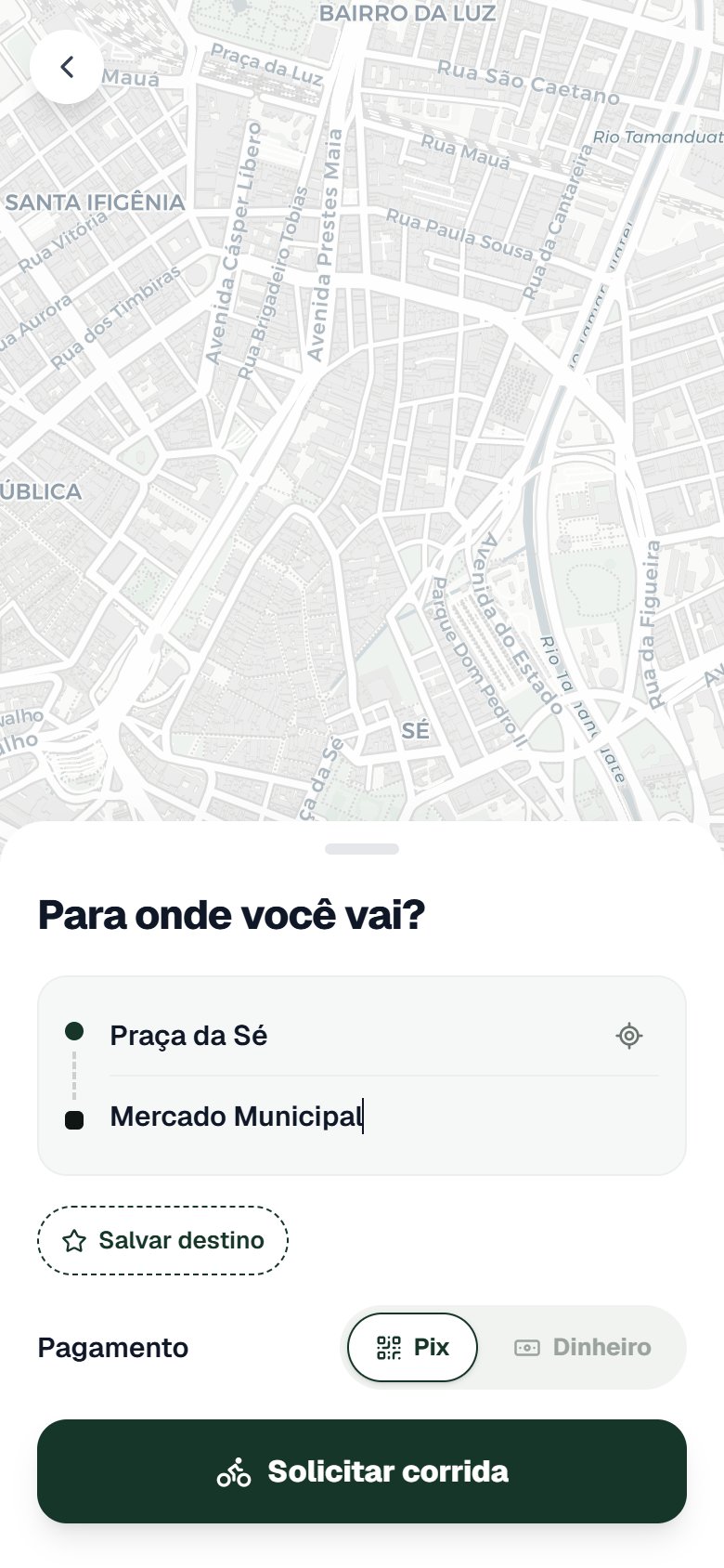 Pedir corrida com rota e pagamento por Pix