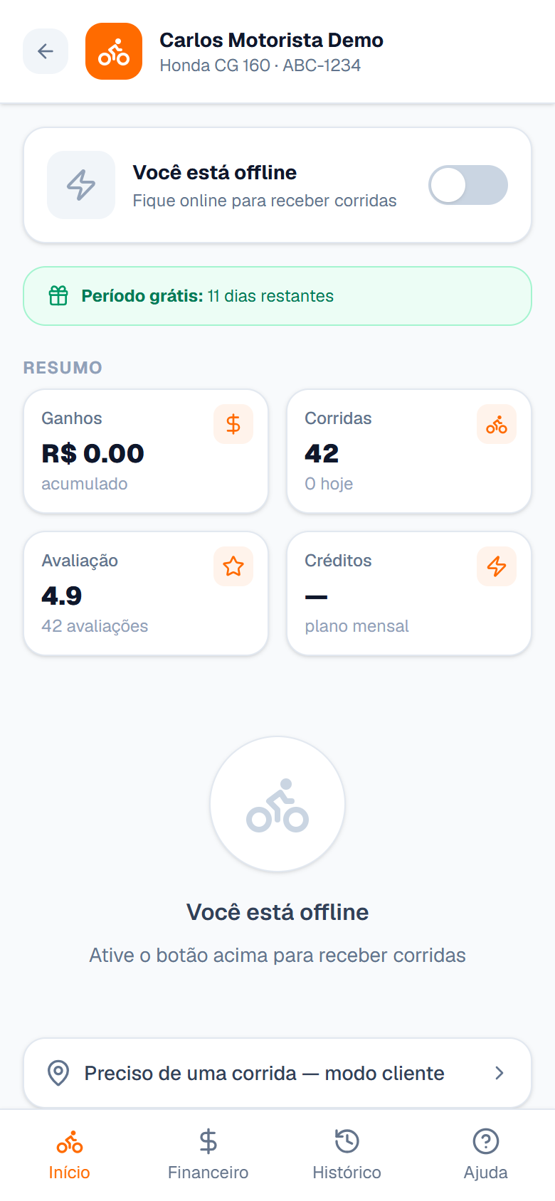 Painel do mototaxista — ganhos, corridas e avaliação
