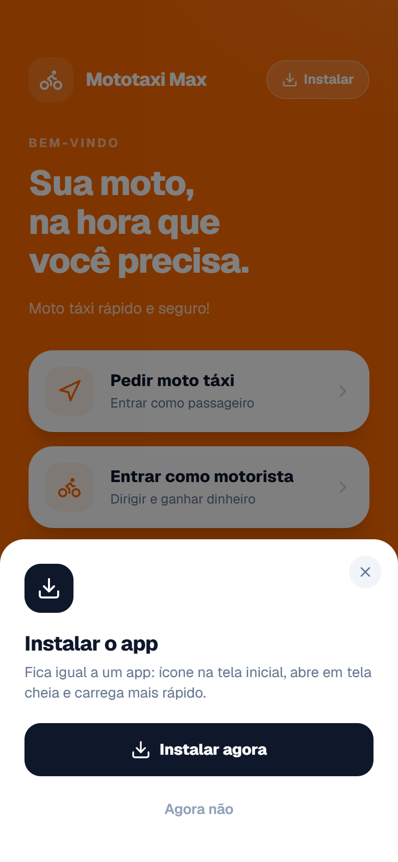 App instala como aplicativo no celular (PWA), sem loja de app